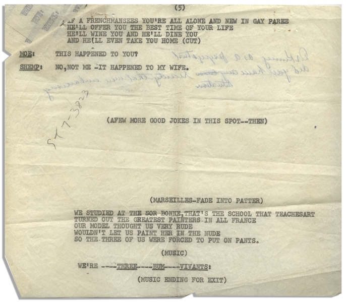 Moe Howard's 5pp. Script for the Sketch ''We're Three Bum Vivants'', With Shemp, Circa Early 1950s -- Notated by Moe -- Pages Measures 8.5'' x 11'' Except Last Measures 8.5'' x 7.25'' -- Very Good